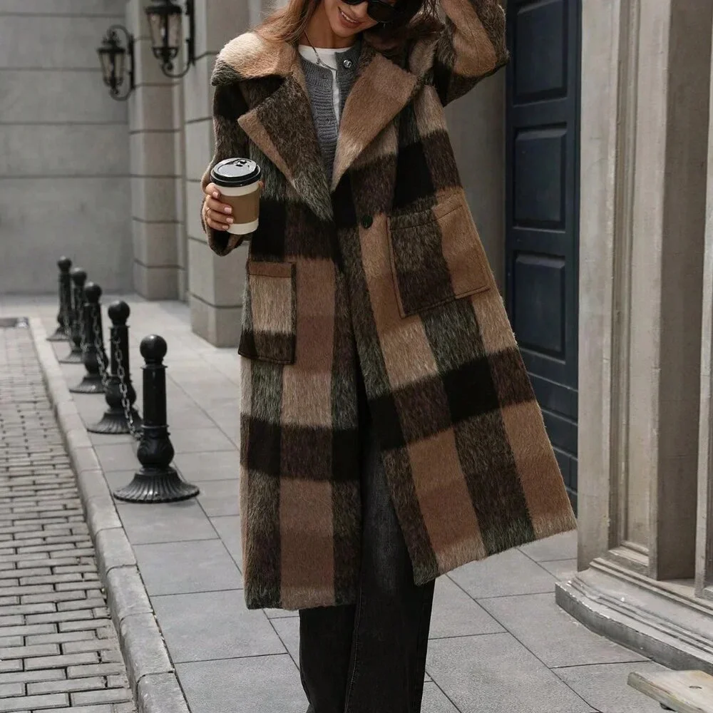Multicolor Casual Women's Plaid Lapel Wool Blend Long Sleeve Cardigan Coat